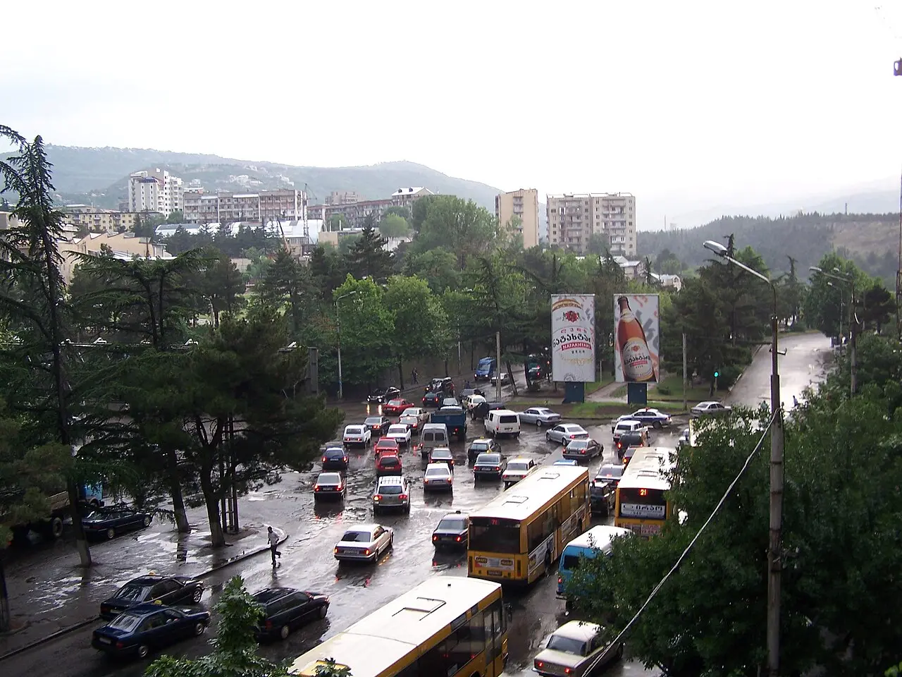 Dense traffic on a Tbilisi street at rush hour