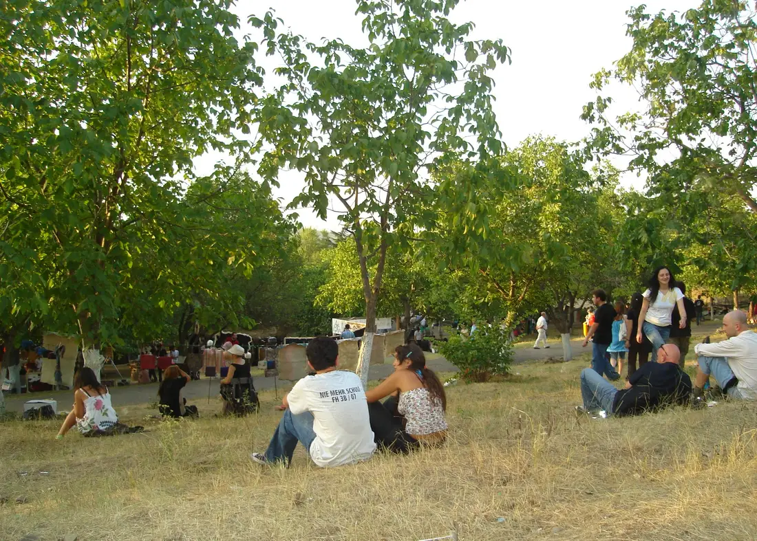 Festival visitors sitting on dry grass under trees between concerts