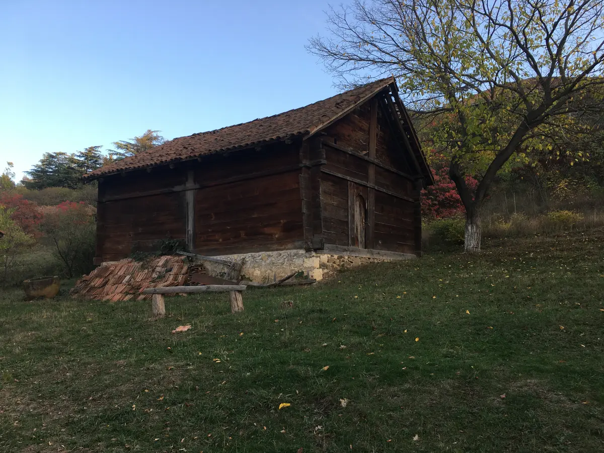 Dark timber village house with a tiled roof standing on a grassy slope among autumn trees