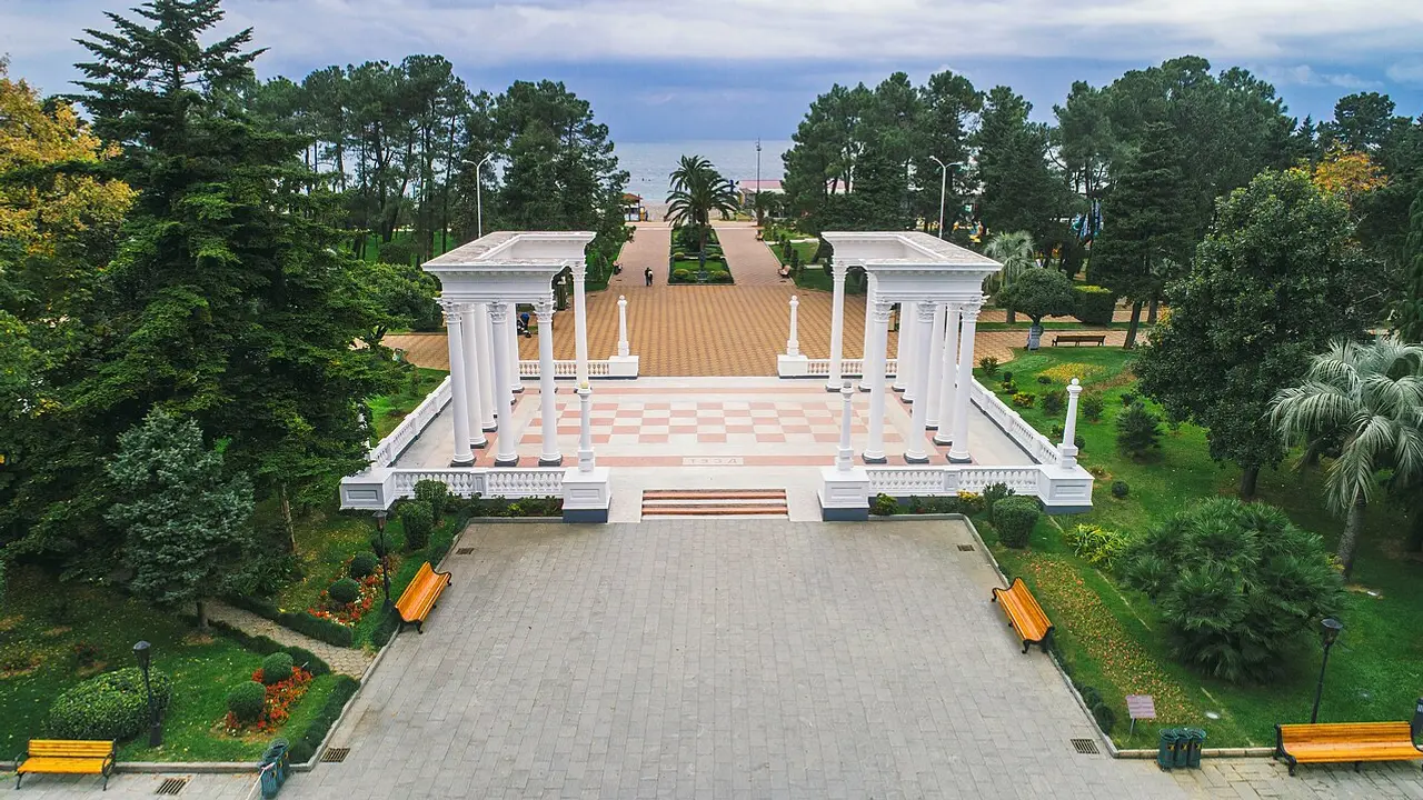 Colonnades and a palm alley on Batumi Boulevard by the sea