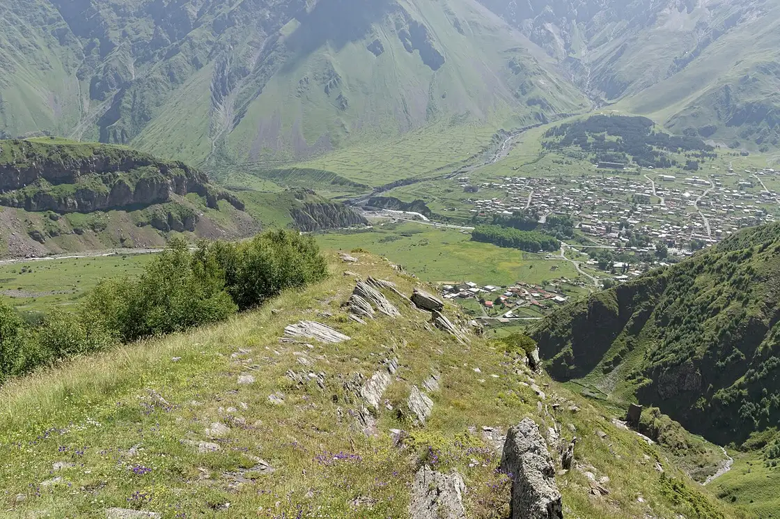 Gergeti Trinity Church and Mount Kazbek above Stepantsminda