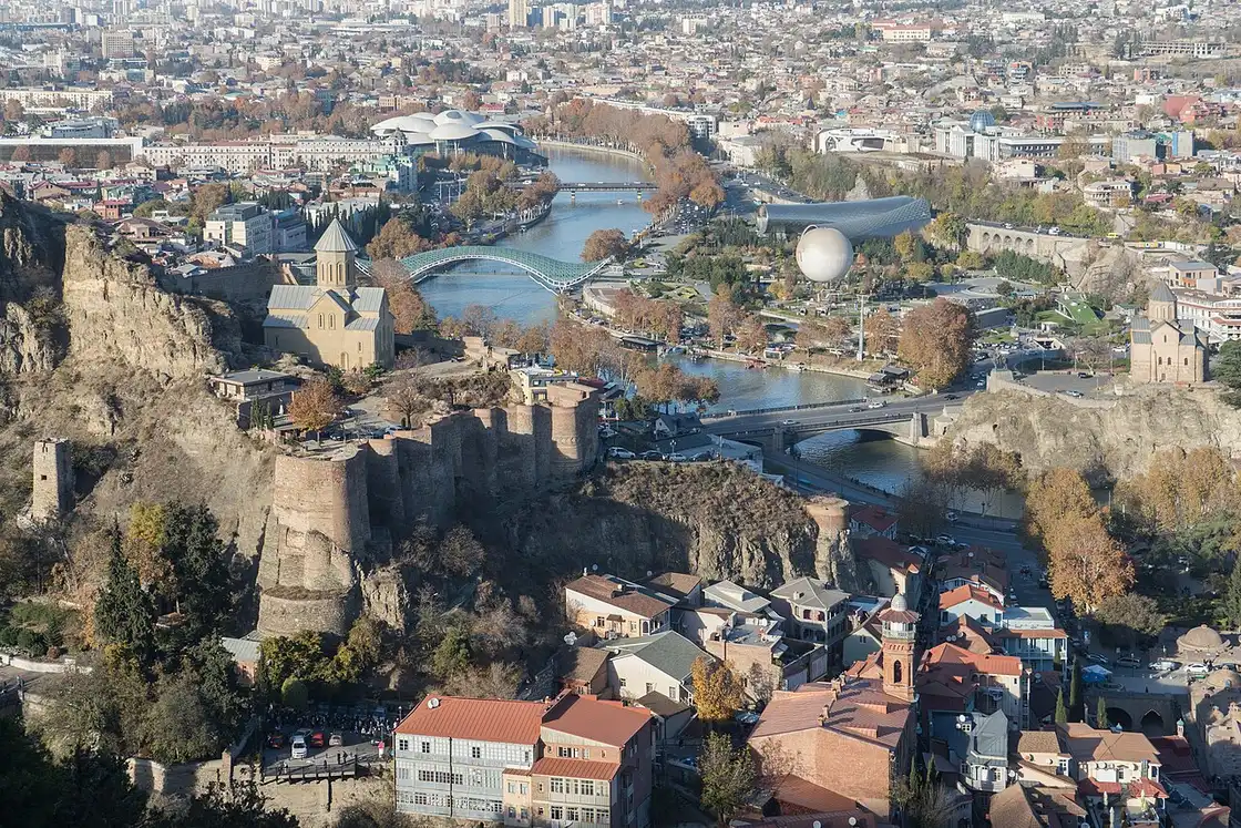 Daytime panorama of Tbilisi old town, Narikala fortress and the Mtkvari river