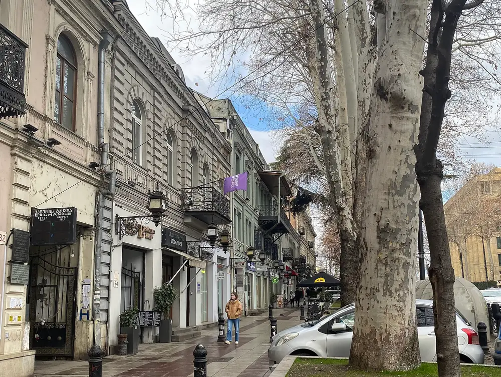 The pavement of Rustaveli Avenue under plane trees, with old facades and balconies