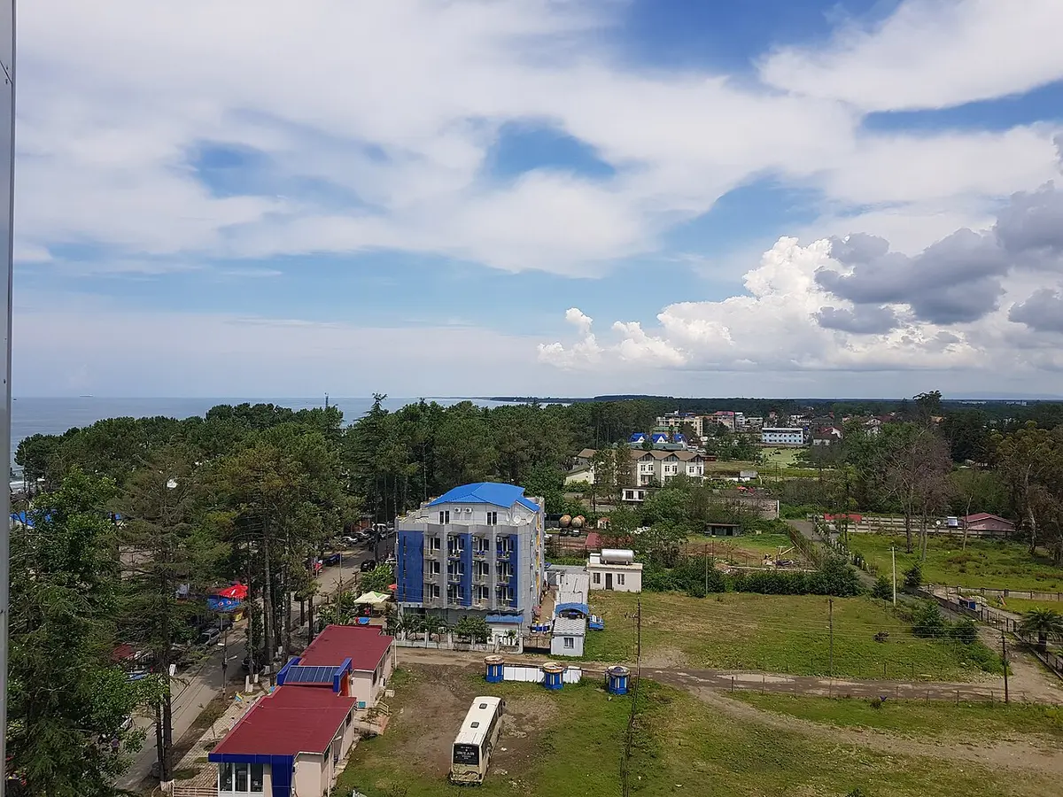 Aerial view of the seaside resort of Ureki: pine woods, low-rise hotels and the Black Sea beyond