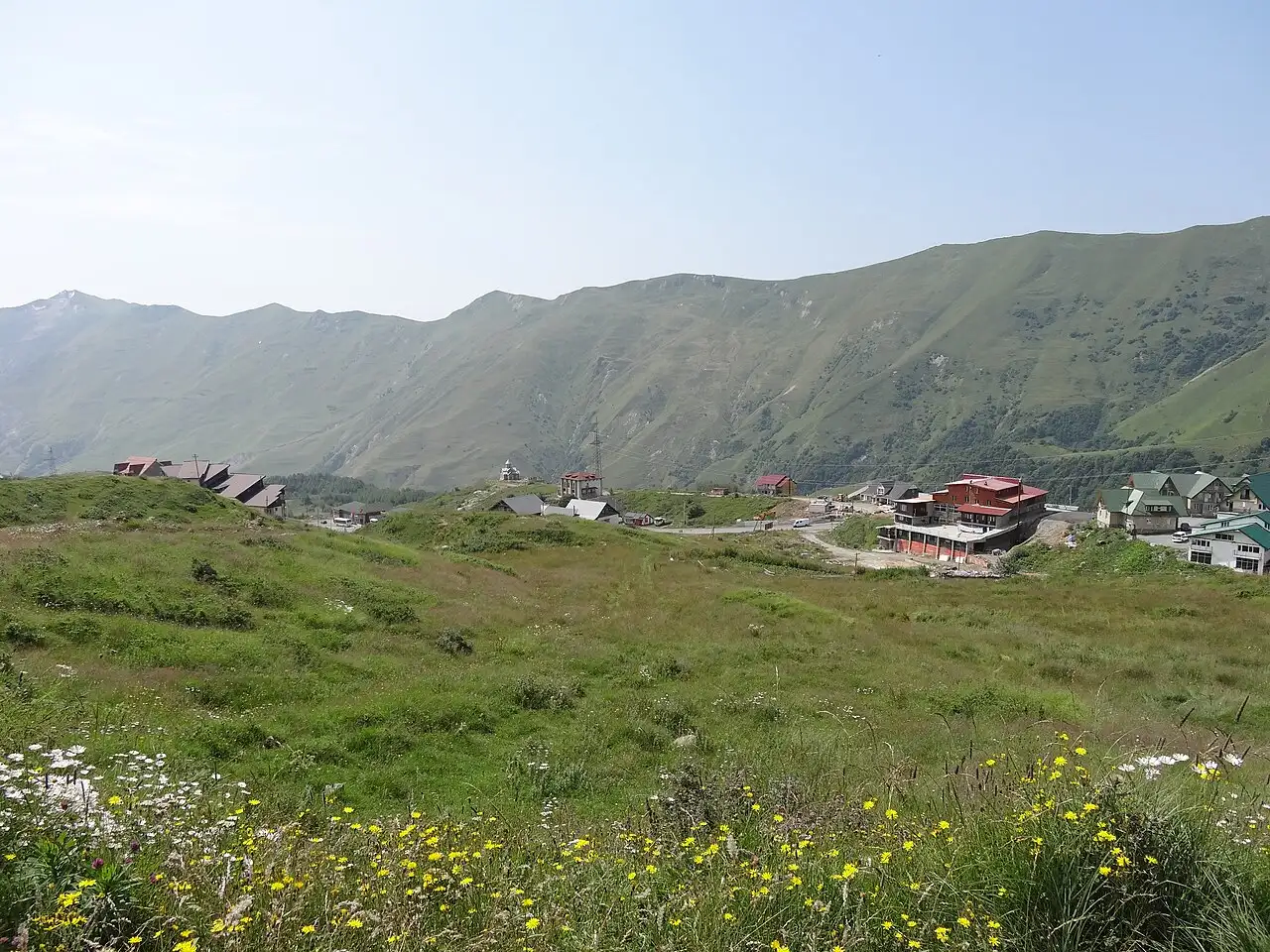 Зелёное плато Гудаури летом с альпийскими лугами