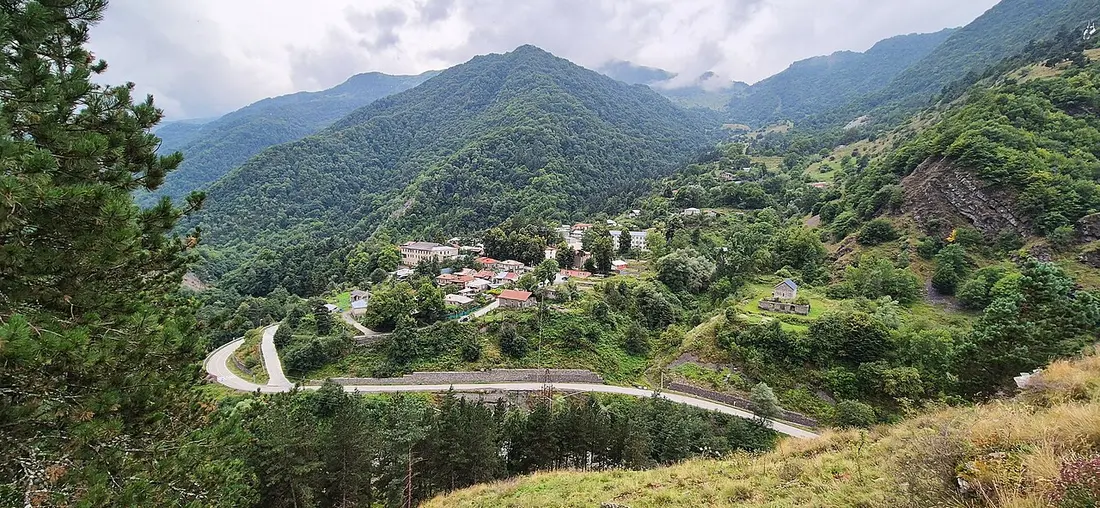 The valley around Barisakho village in Lower Khevsureti among green mountains