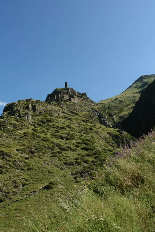 Houses and towers of Mutso on the terraced slope, close up