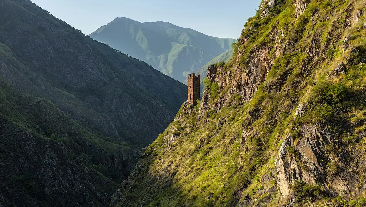 The towers of Mutso fortress on a rock ridge above the gorge