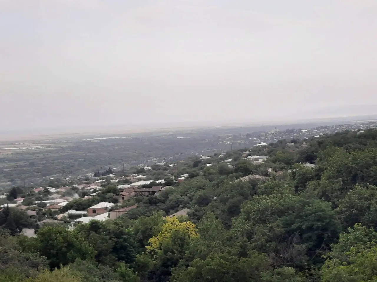 Hillside view over the Alazani Valley: rooftops in the greenery and the flat valley floor in haze