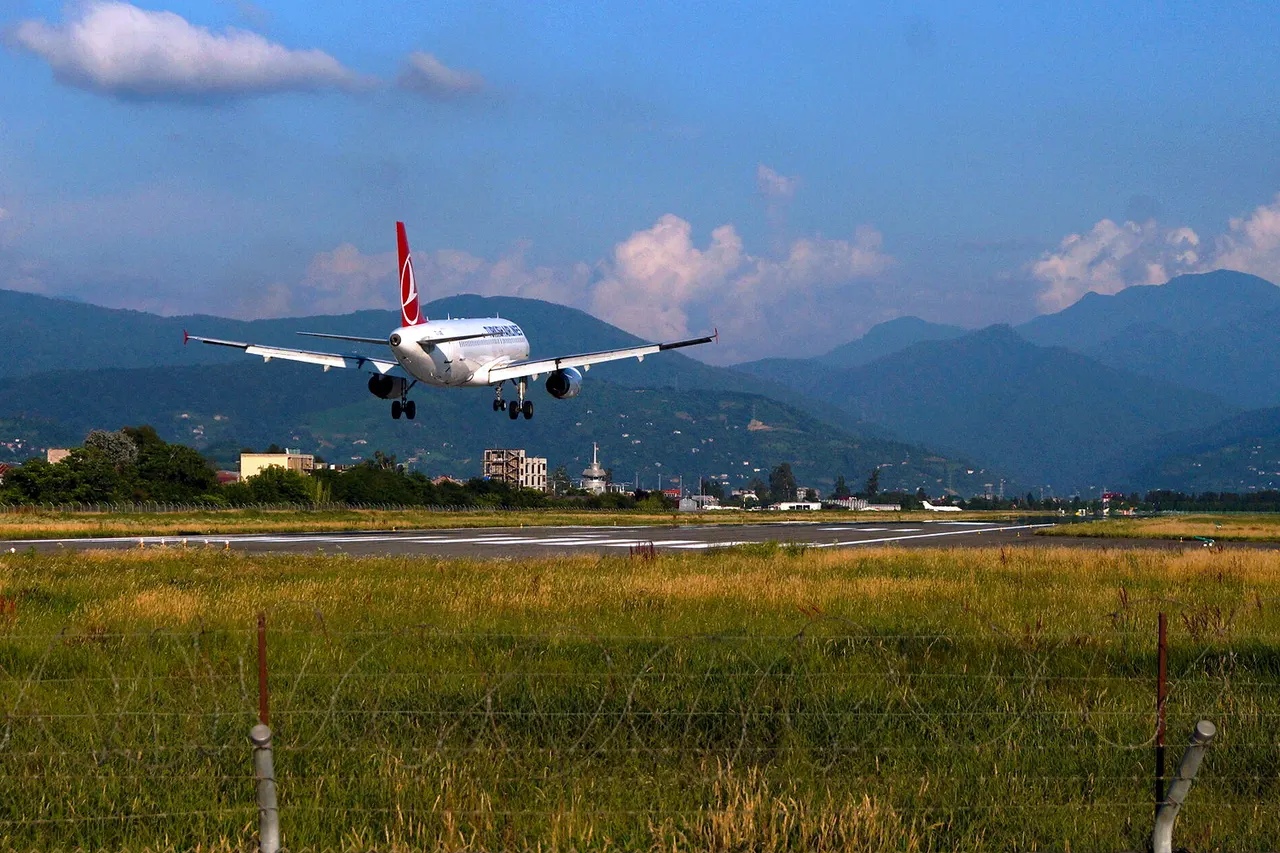 Самолёт Turkish Airlines заходит на посадку в аэропорту Батуми на фоне зелёных гор