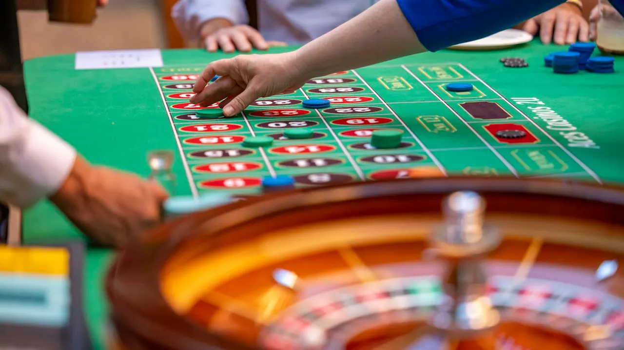 A casino gaming table with a roulette wheel and chips