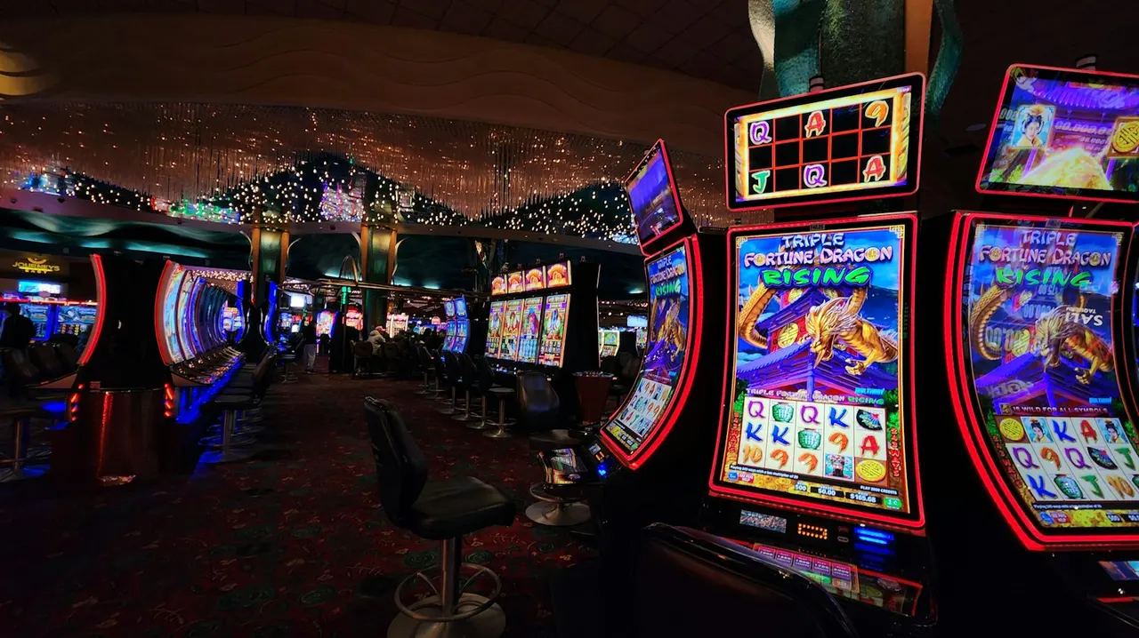 Rows of slot machines in a casino hall