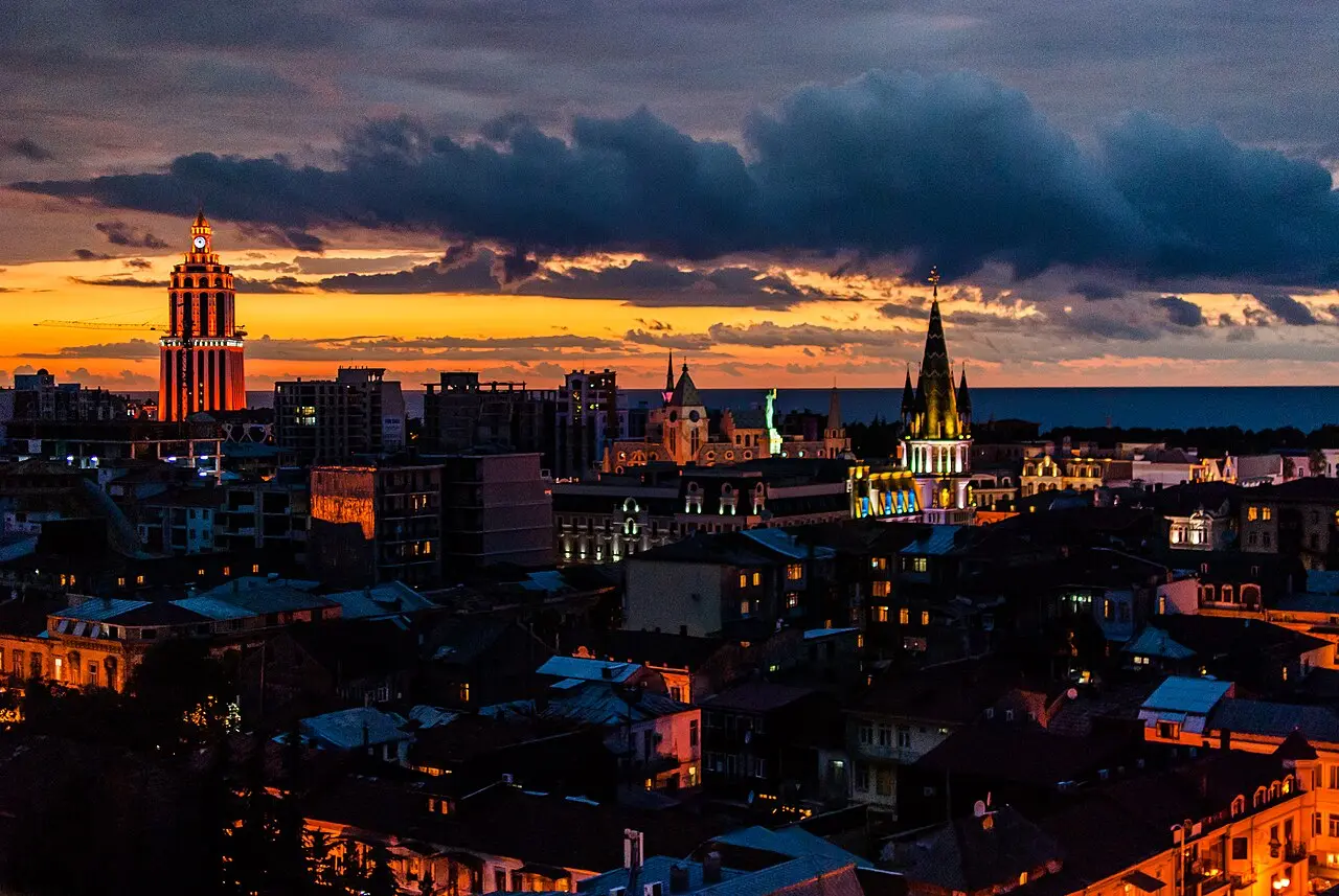 Panorama of Batumi at dusk with the Sheraton hotel tower