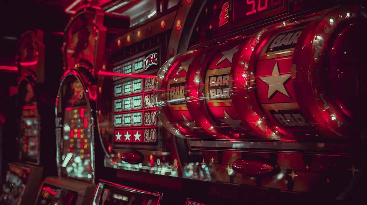 Neon-lit casino slot machines