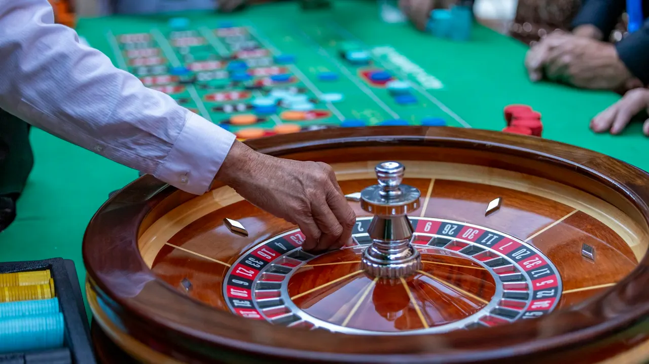 A casino roulette wheel with chips on green felt