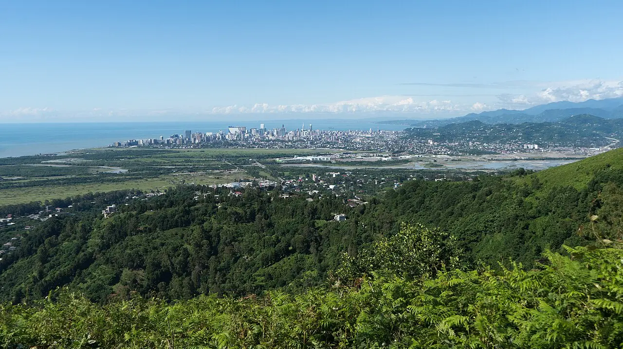 View from the Gonio hills over the Adjara coast, the Chorokhi delta and the Batumi skyline