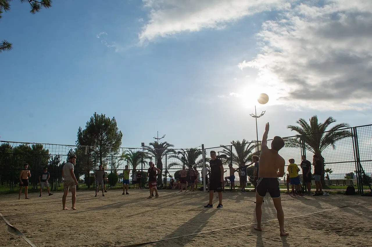 Sand volleyball courts by the Batumi boulevard at sunset, with palms and pines