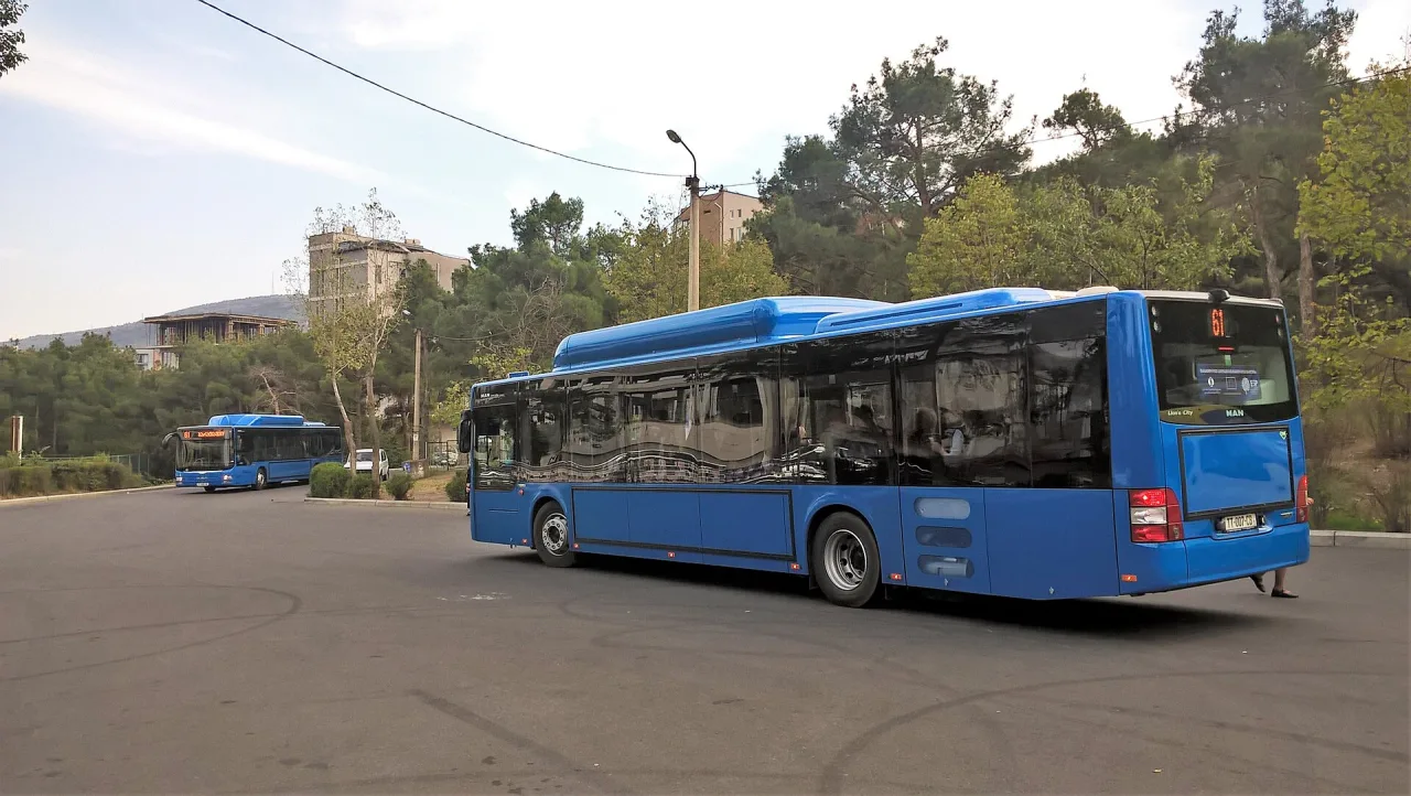 Синие городские автобусы маршрута 61 на конечной остановке в Тбилиси