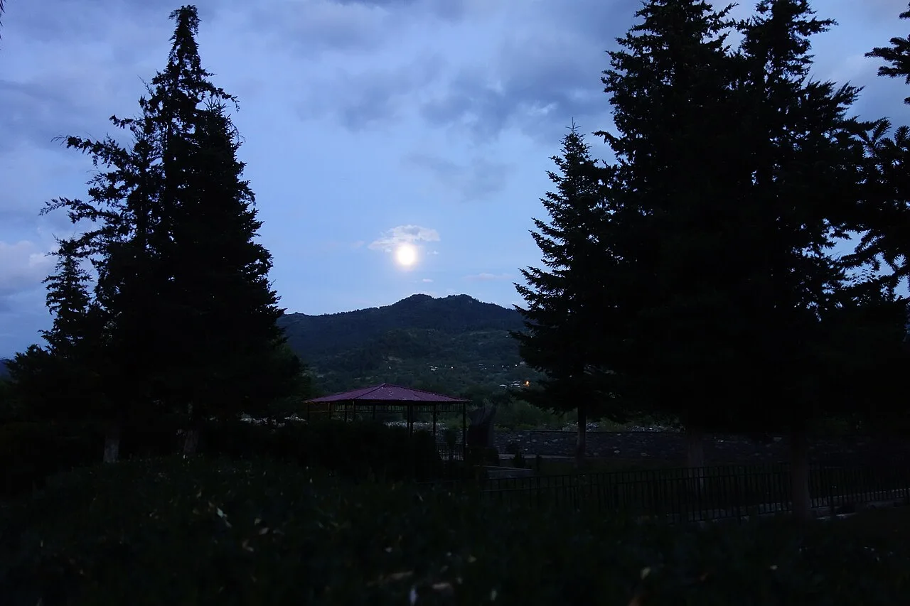 A full moon over a hill at dusk near Ambrolauri, silhouetted firs