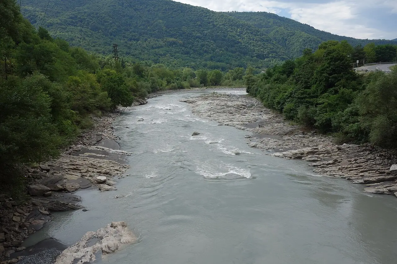 The road along the Rioni river between Ambrolauri and Oni among green mountains