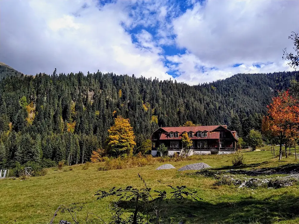An old wooden sanatorium in Shovi among pine forest before the 2023 disaster