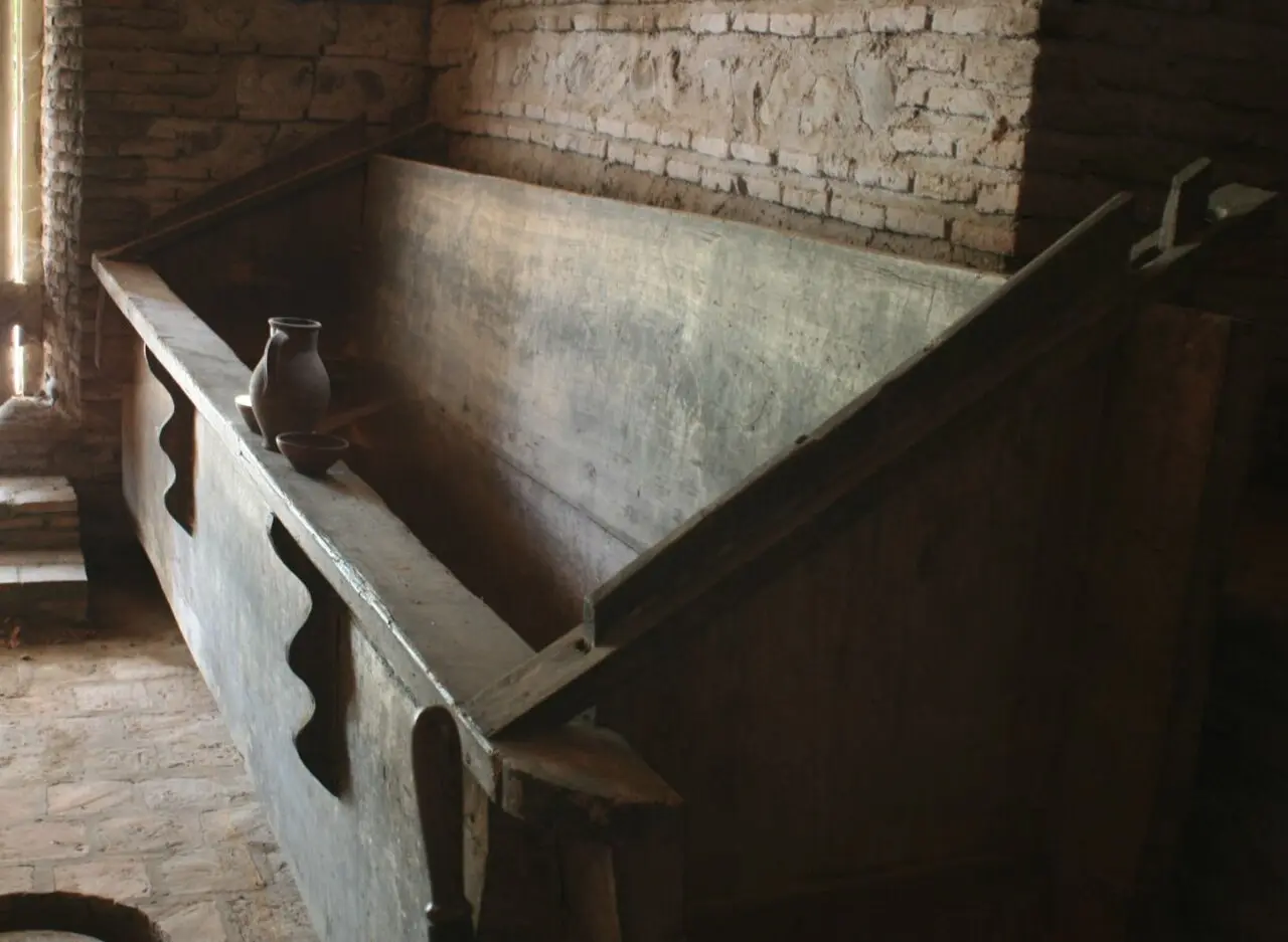 Wooden satsnakheli grape press on display at the Nino Vachnadze Museum in Gurjaani