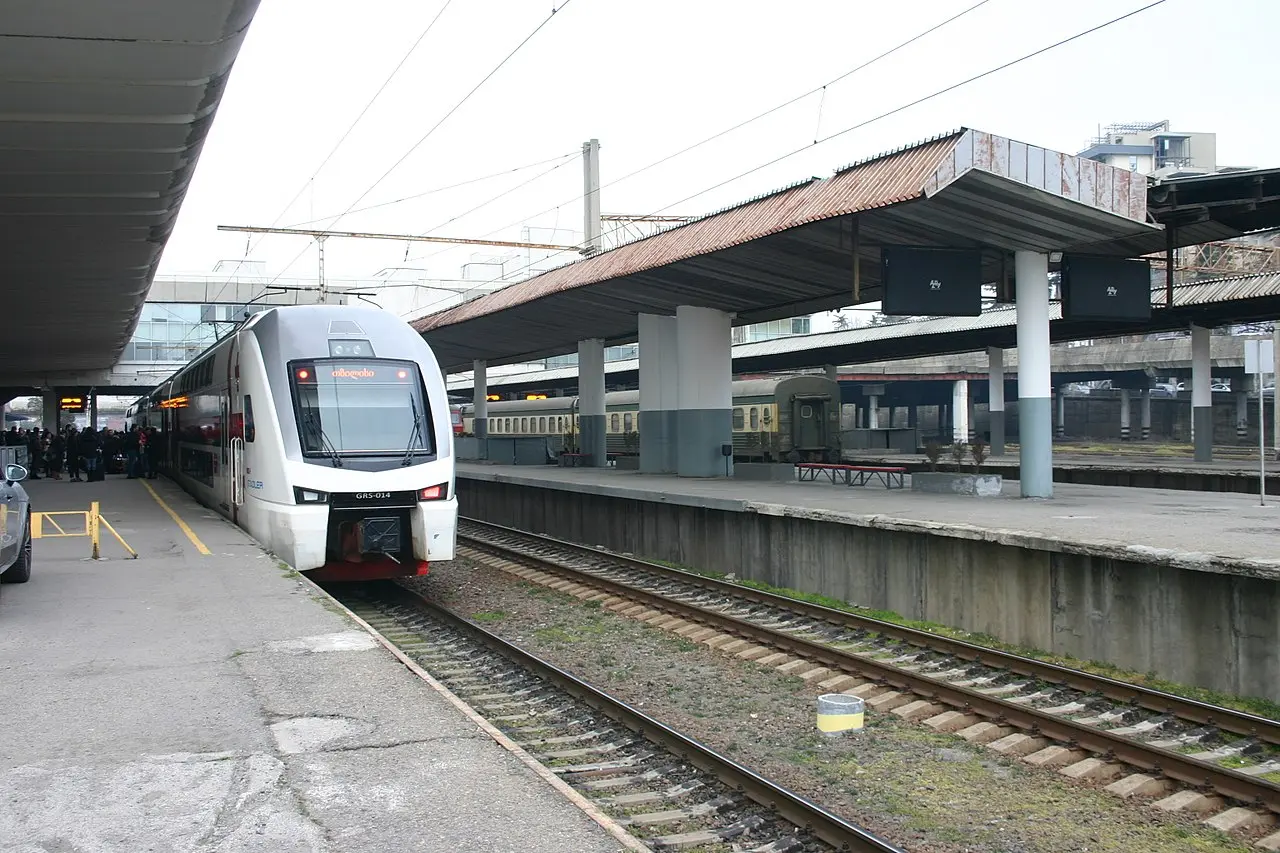 Double-decker Stadler train on the platform at Tbilisi railway station