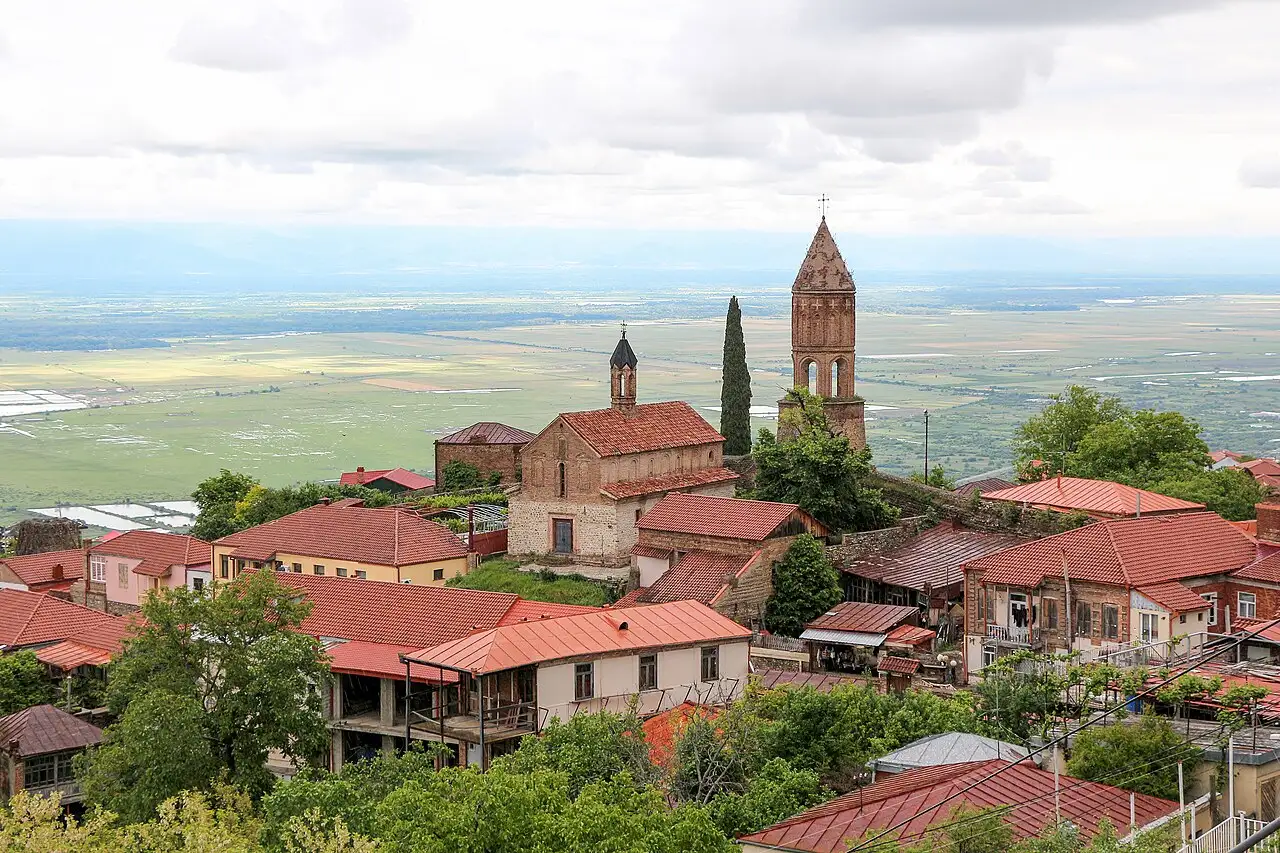 Sighnaghi with its church and bell tower above the Alazani Valley