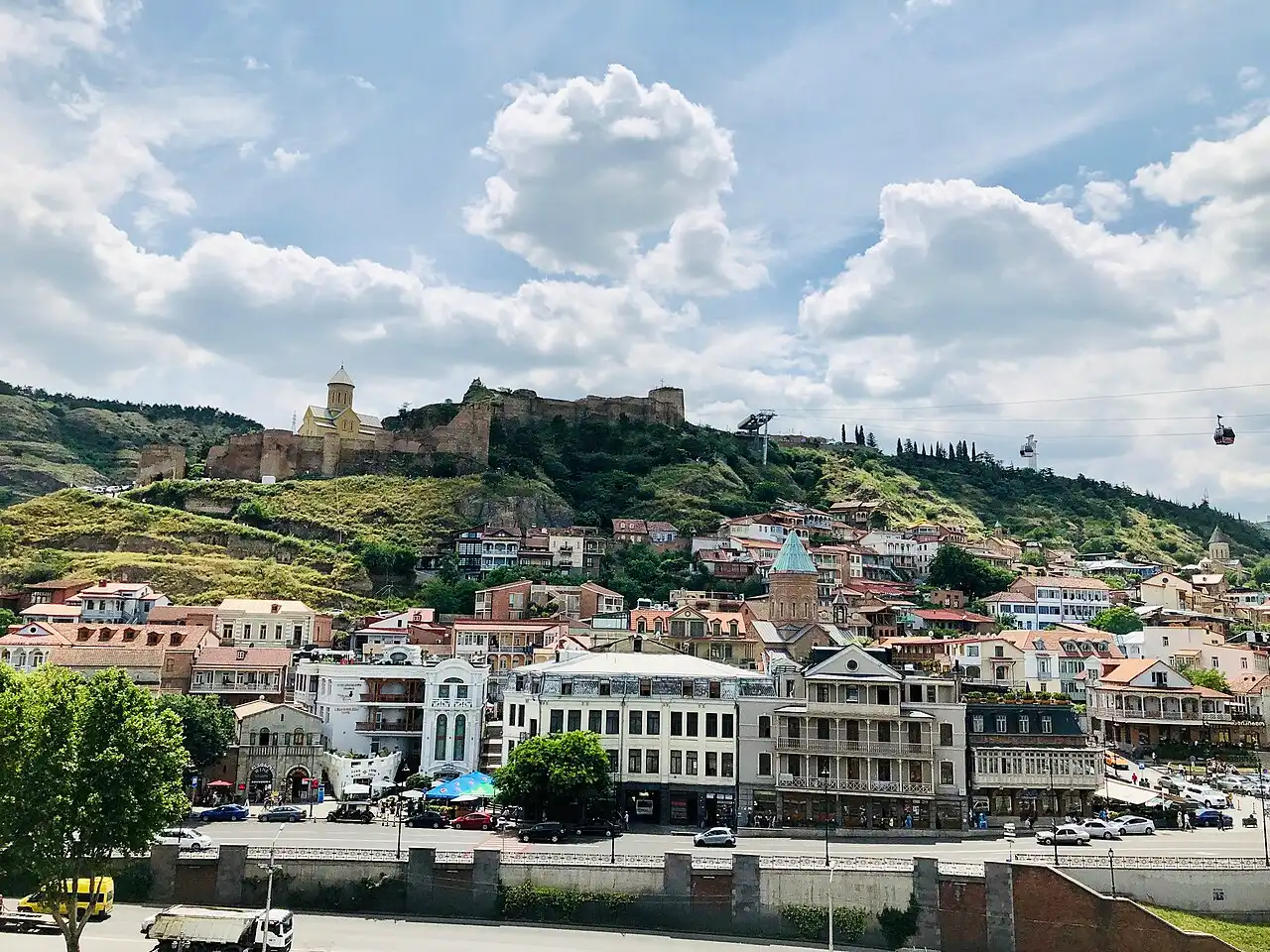 Houses of old Tbilisi with wooden balconies on a hillside