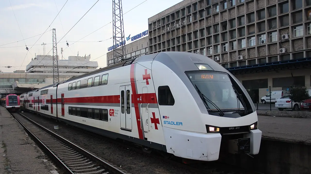 Double-decker Stadler train of Georgian Railway with a "Batumi" display
