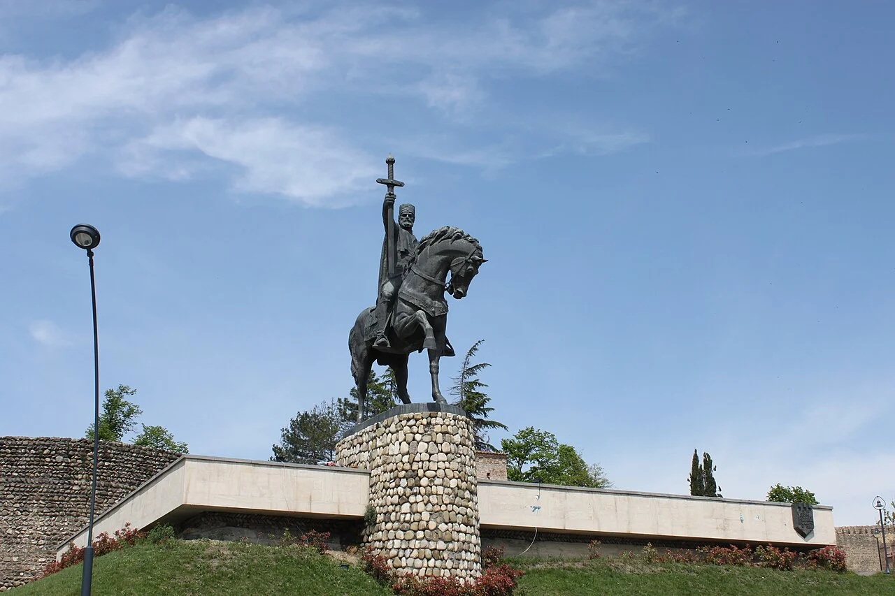 Equestrian statue of King Erekle II in Telavi against a blue sky