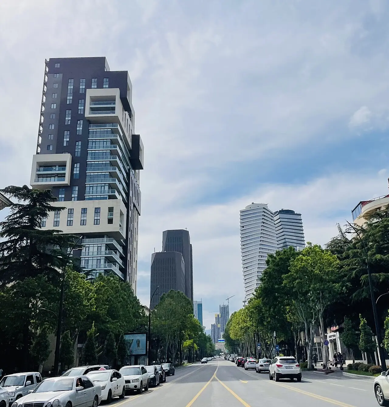 Modern residential towers along an avenue in the Vake district of Tbilisi