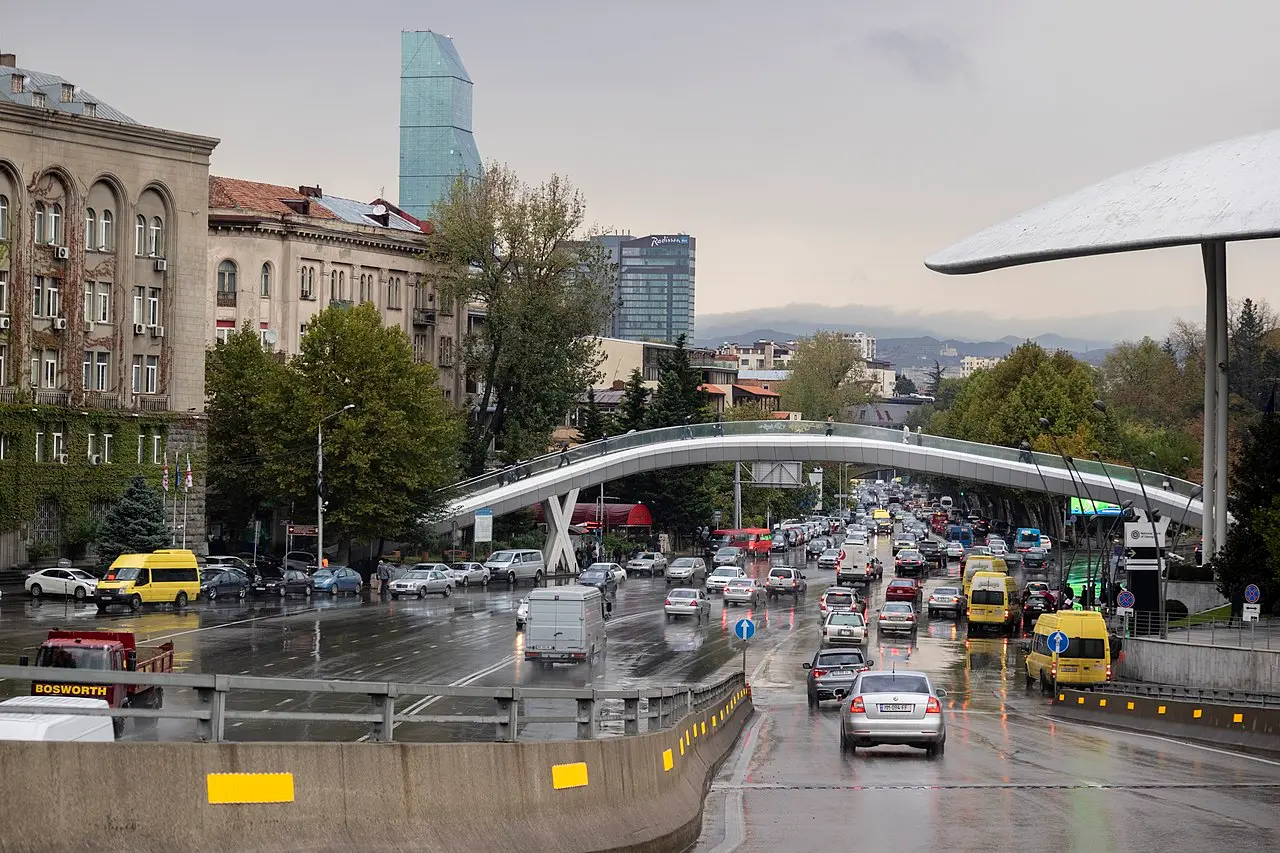 A street in central Tbilisi with office towers and business buildings
